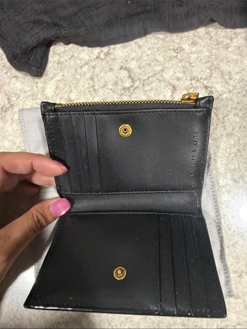 Charles & Keith Black Leather Card & Zip Holder with Gold Trim